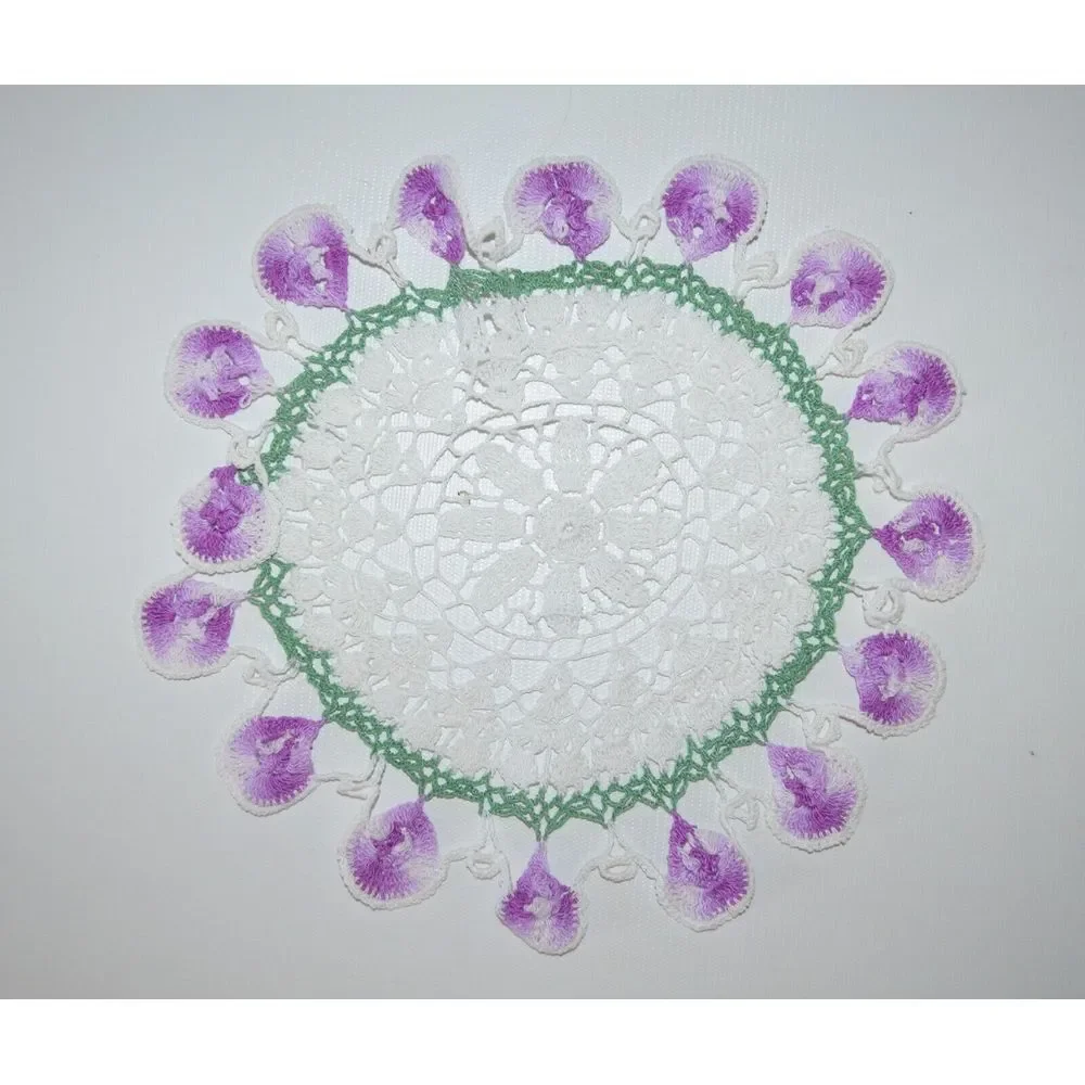 Vintage Round White & Purple Handmade Crochet Doily‎ 10.5